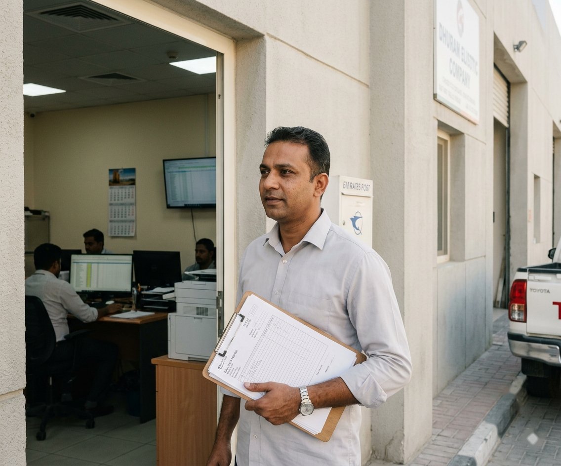 A UAE small business owner with delivery paperwork outside a working commercial office — the kind of lean, ambitious SME AdonisCRM is built for.