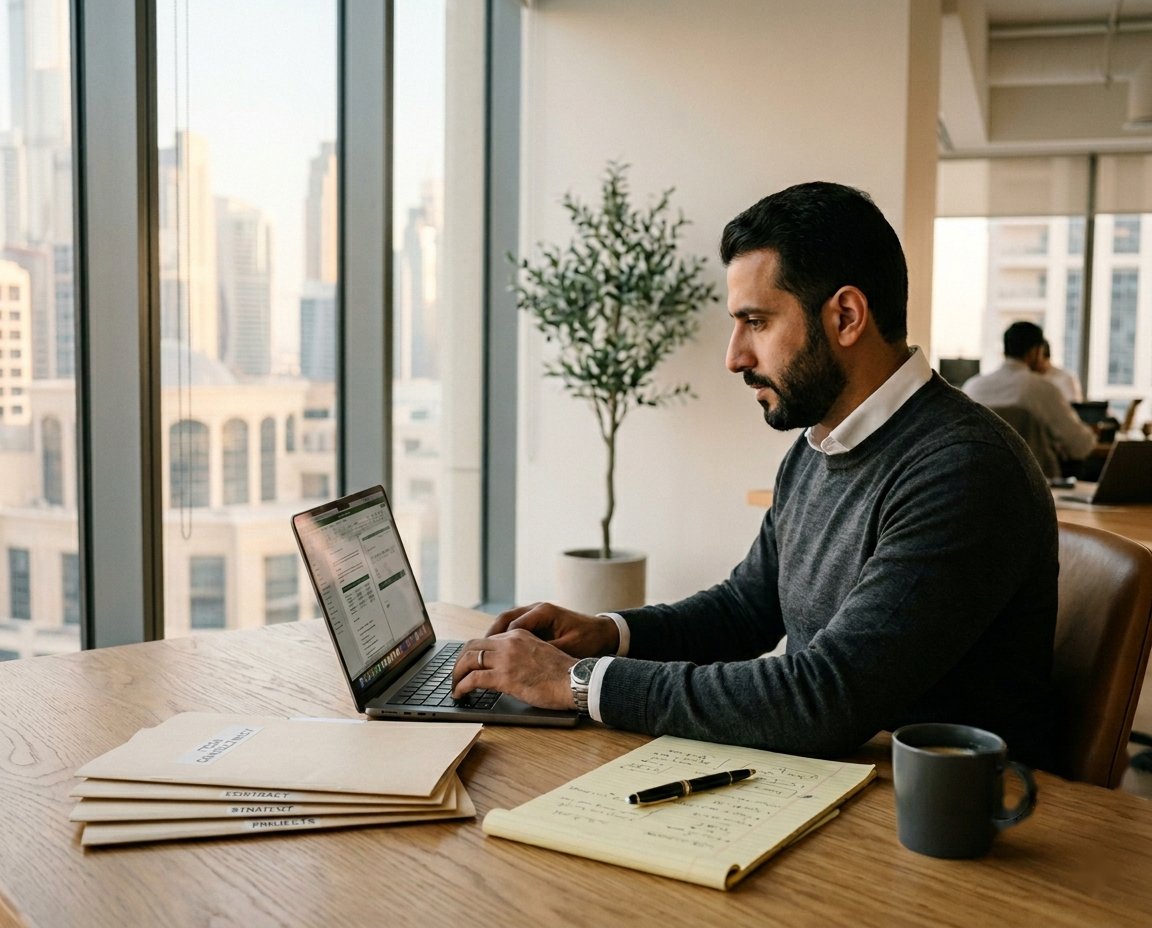 A focused business professional working with contracts and a laptop at a modern Dubai office desk — AdonisCRM workflow design for UAE SMEs.