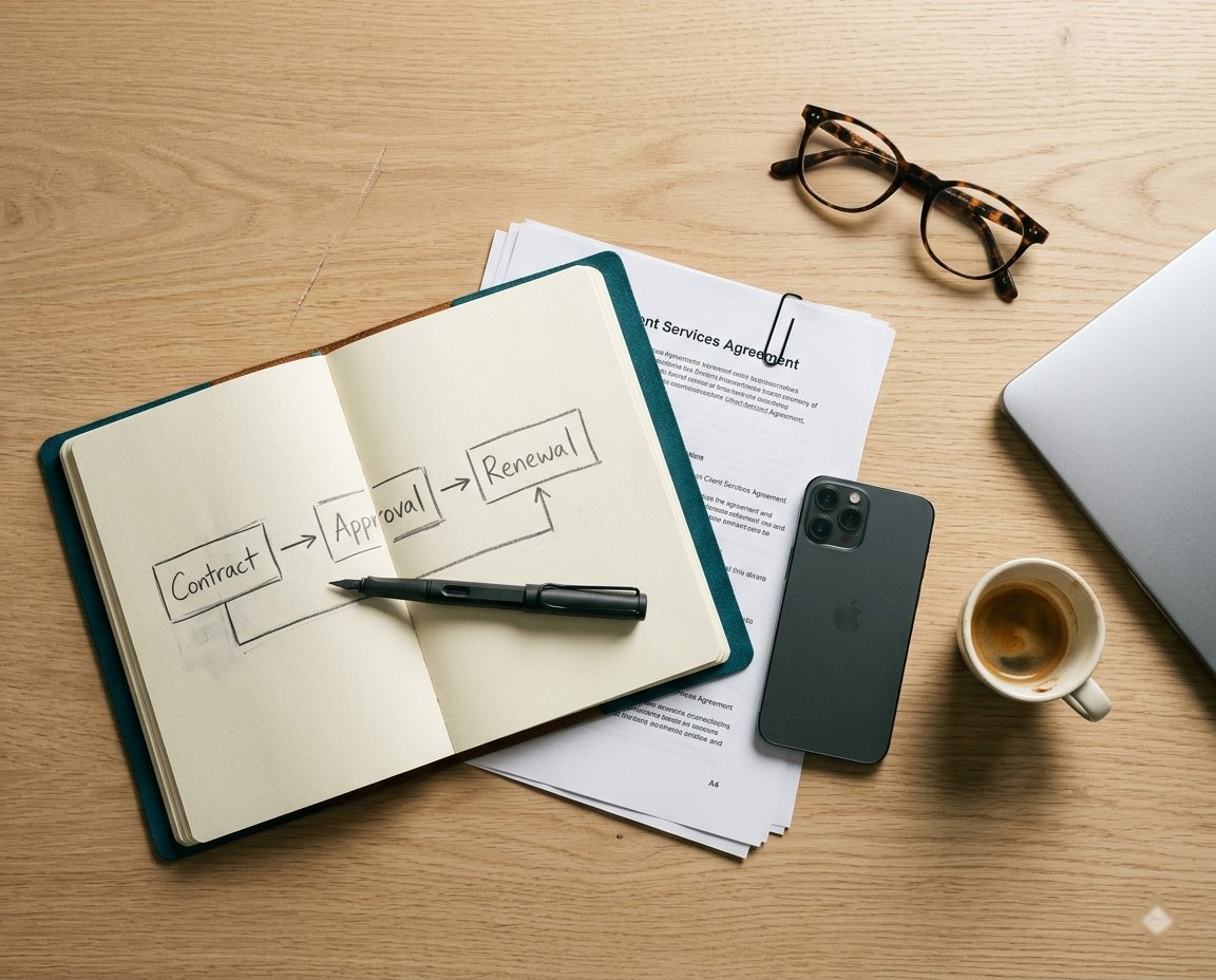 An open notebook showing a hand-drawn contract workflow diagram on a desk — AdonisCRM's process-first approach to building tailored CRM and contract systems.