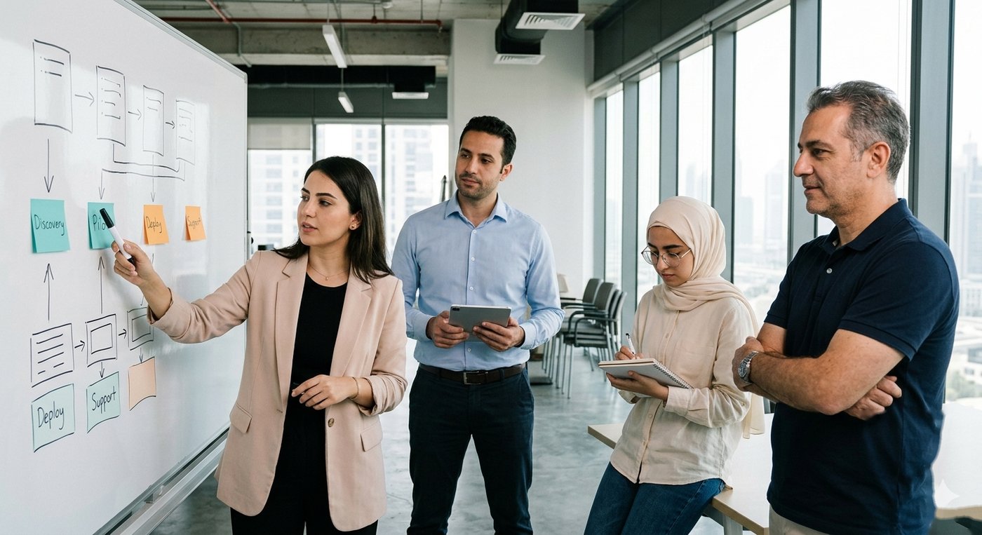 A diverse team collaborating around a whiteboard mapping the Discovery, Pilot, Deploy, Support stages of an AdonisCRM workflow engagement in a modern Dubai office.